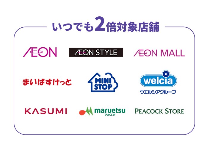 いつでも2倍対象店舗の例(イオン・イオンスタイル・まいばすけっと・ウエルシアなど)