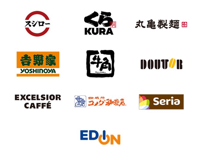 AEON Payのマークのあるお店の例(スシロー・吉野家・ドトール・セリアなど)