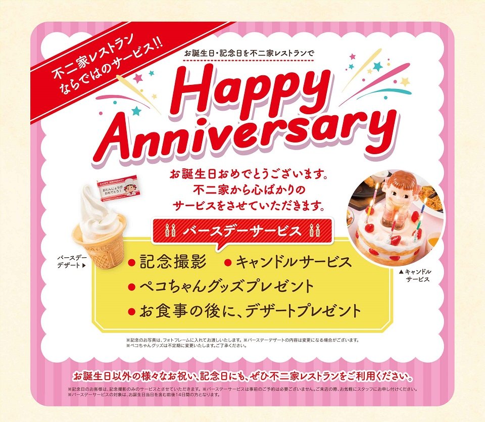 不二家レストランのバースデーサービス。記念撮影、キャンドルサービス、ペコちゃんグッズ、デザートのプレゼント