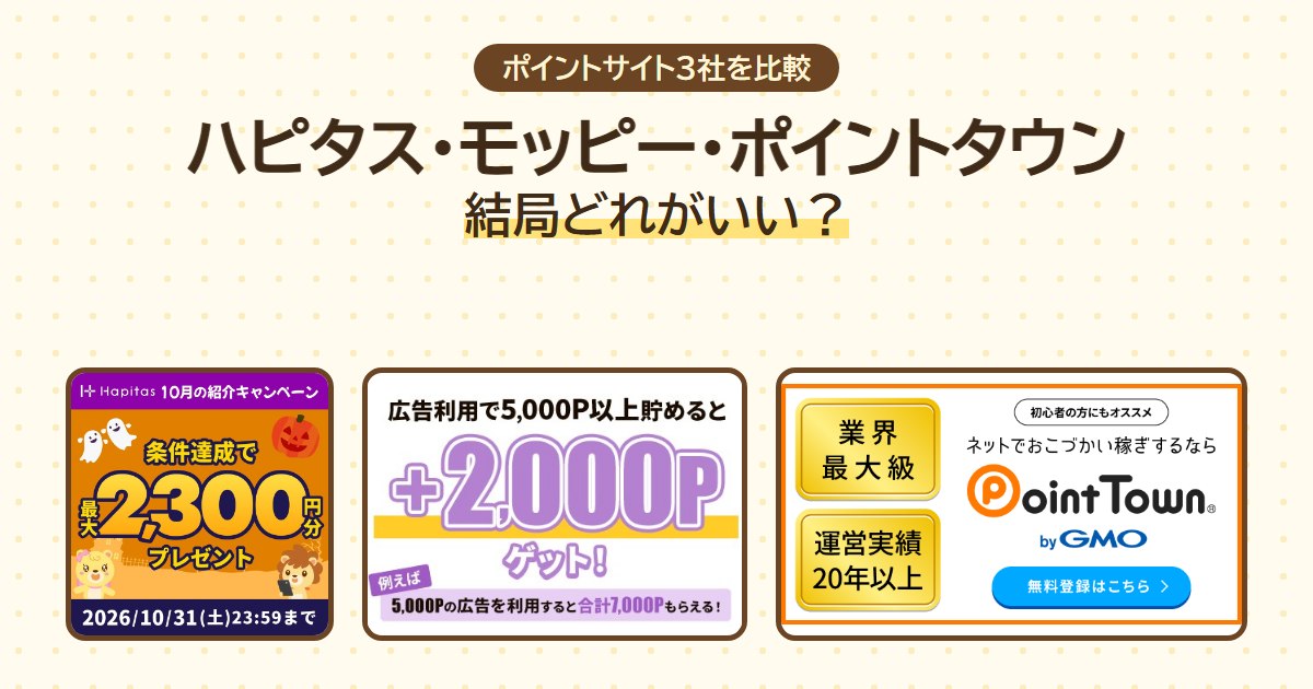 ハピタス・モッピー・ポイントタウン 結局どれがいい？（3社の公式紹介バナー）