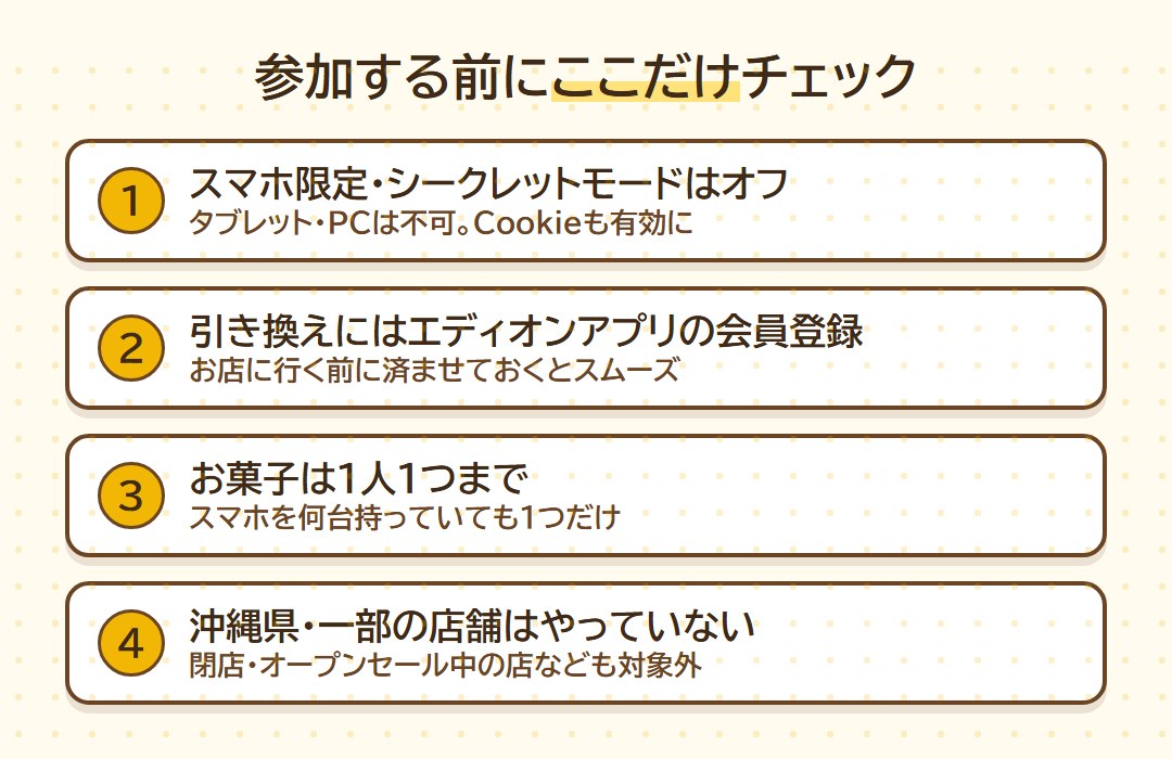 参加する前のチェック4つ(スマホ限定でシークレットモードはオフ/引き換えにはエディオンアプリの会員登録/お菓子は1人1つまで/沖縄県や一部の店舗は対象外)