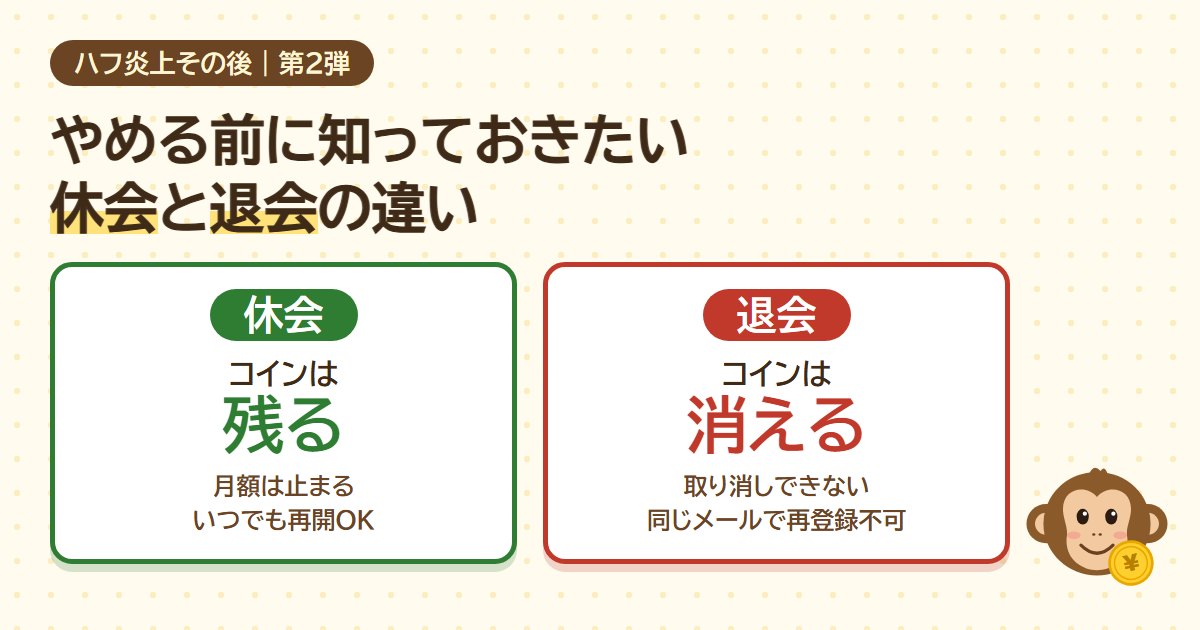 ハフ炎上その後。やめる前に知っておきたい休会と退会の違い。休会はコインが残る、退会はコインが消える