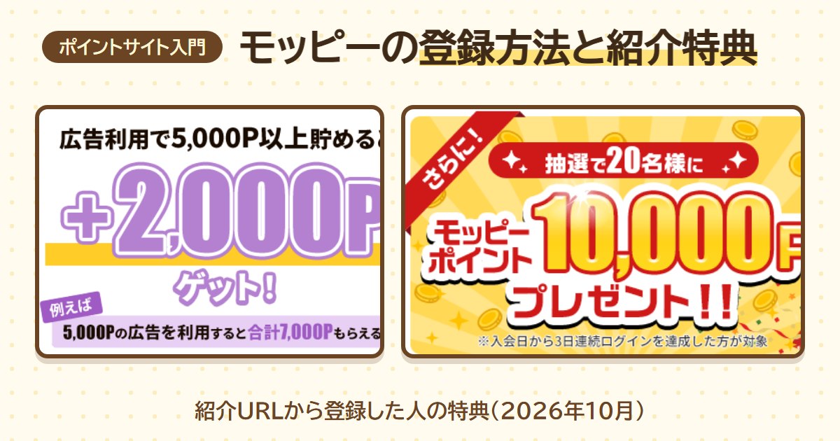 モッピーの登録方法と紹介特典（広告利用で5,000P以上貯めると+2,000P・抽選で20名様にモッピーポイント10,000P）