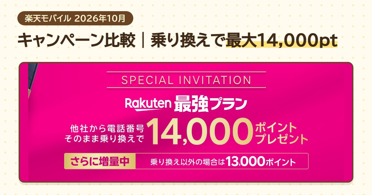 楽天モバイルのキャンペーン比較。他社から電話番号そのまま乗り換えで14,000ポイント、乗り換え以外は13,000ポイント