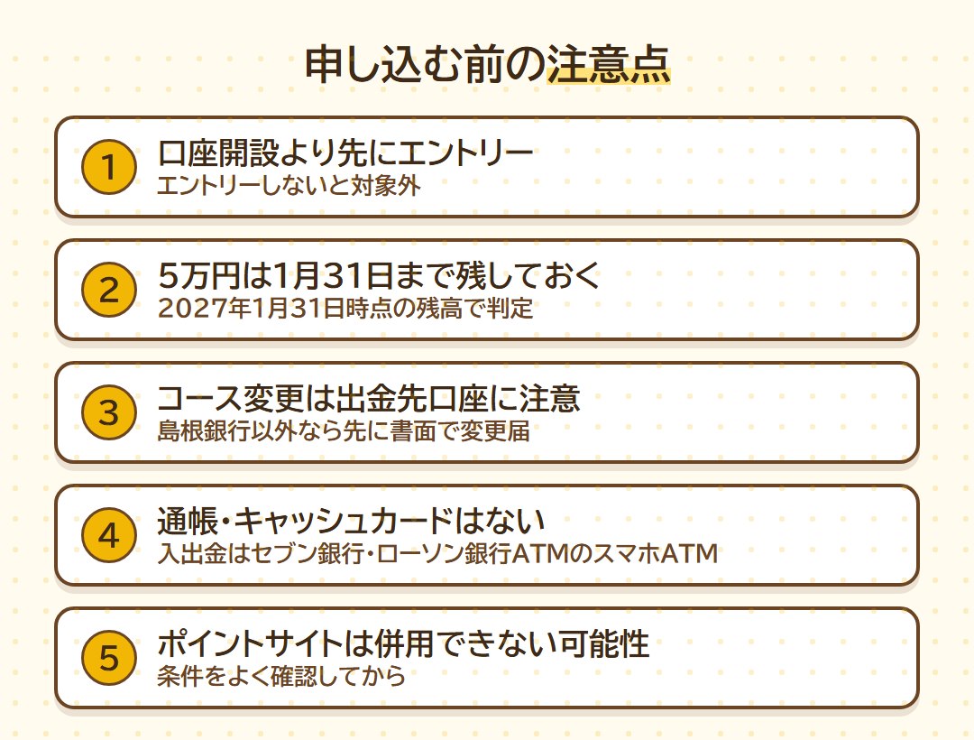 申し込む前の注意点5つ（先にエントリー／5万円は1月31日まで／コース変更は出金先口座に注意／通帳・キャッシュカードなし／ポイントサイトは併用できない可能性）