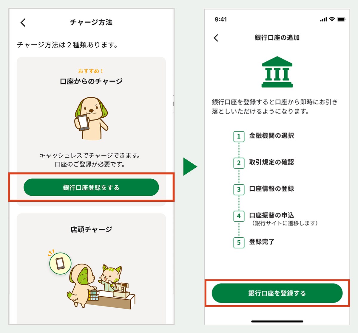 チャージ方法の「口座からのチャージ」で銀行口座登録をする→銀行口座の追加は金融機関の選択から登録完了までの5段階(スギPay公式)