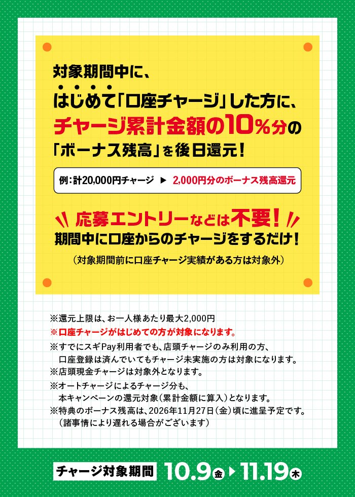 対象期間中にはじめて口座チャージした方に、チャージ累計金額の10%分のボーナス残高を後日還元。例:計20,000円チャージで2,000円分。応募エントリーは不要。注意事項つき
